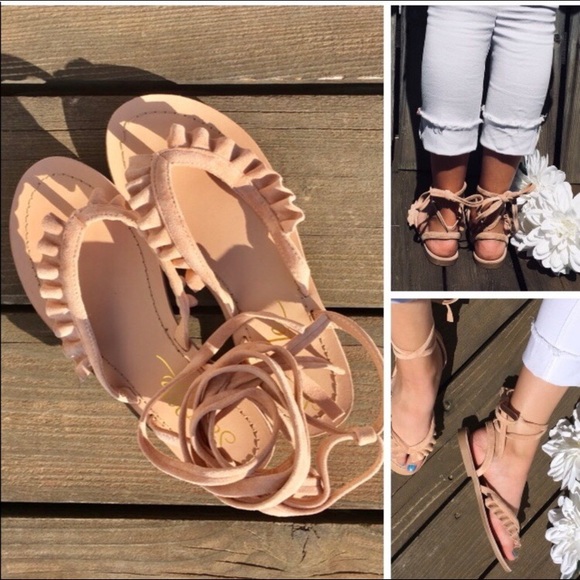 Shoes - New. Nude Vegan Suede Wrap Sandal with Ruffle
